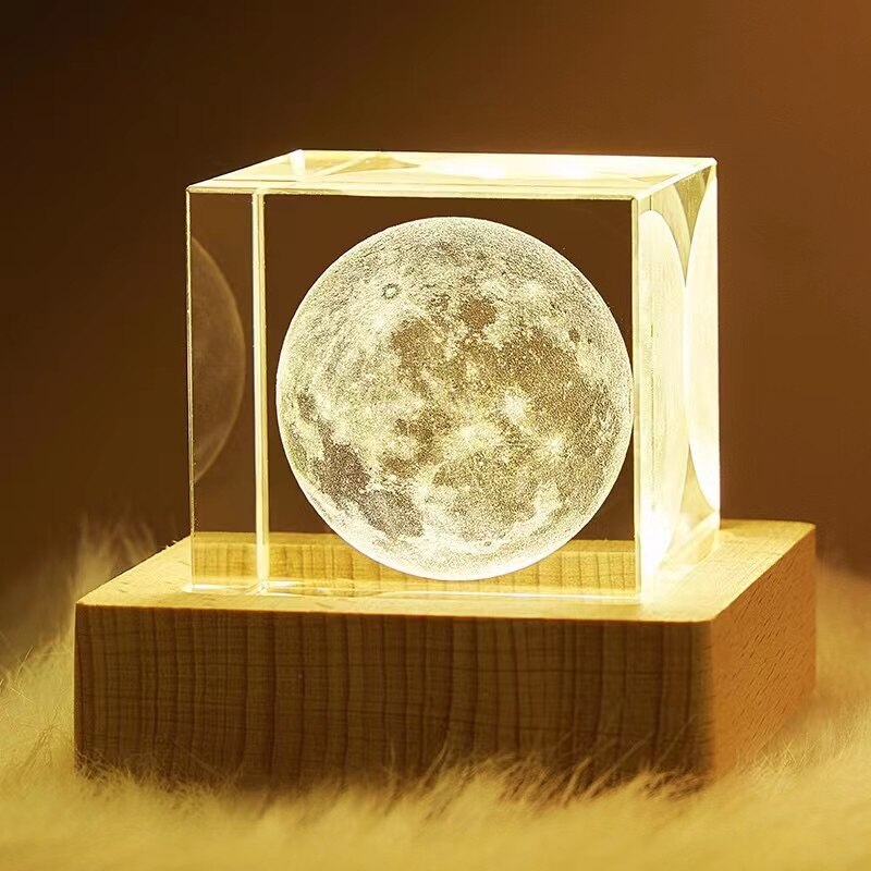 4cm Laser Engraved Moon Model Crystal 3D Glass Image Miniature Sculpture Crystal Cube for Souvenir Home Decor night light