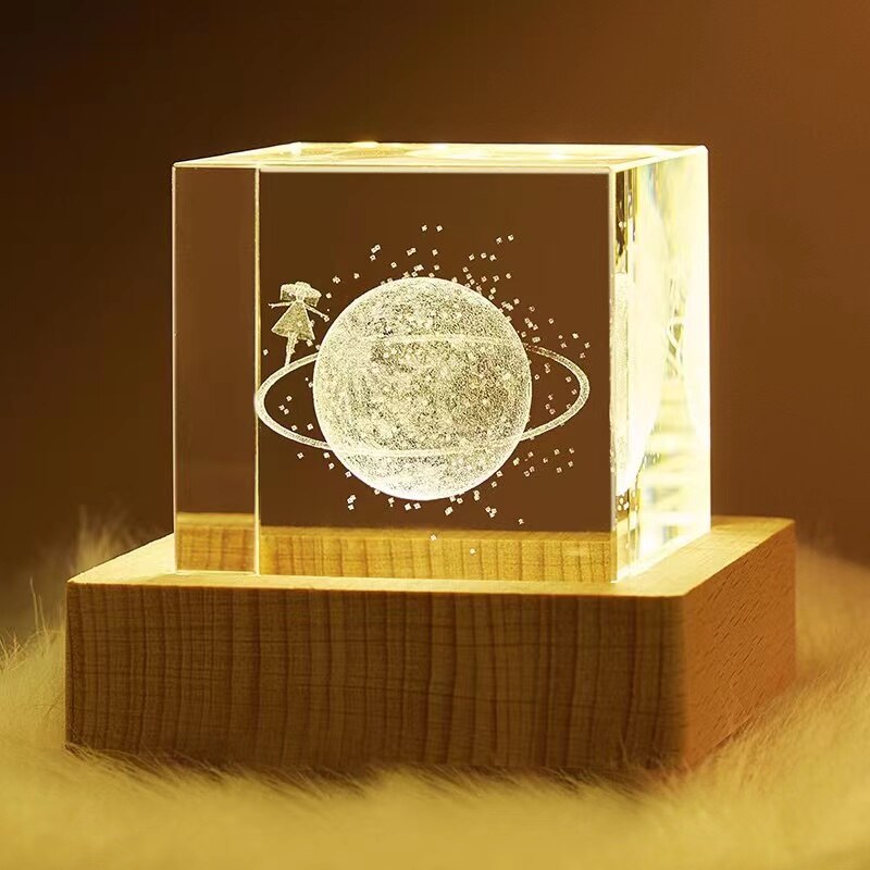 4cm Laser Engraved Moon Model Crystal 3D Glass Image Miniature Sculpture Crystal Cube for Souvenir Home Decor night light