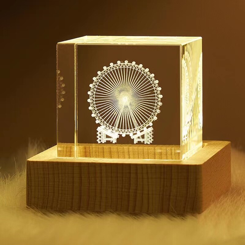 4cm Laser Engraved Moon Model Crystal 3D Glass Image Miniature Sculpture Crystal Cube for Souvenir Home Decor night light